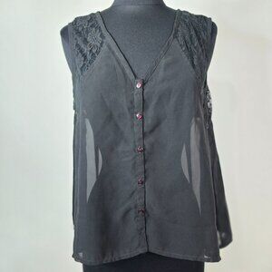 Black Sheer Lace Trim Sleeveless Button-Down Top